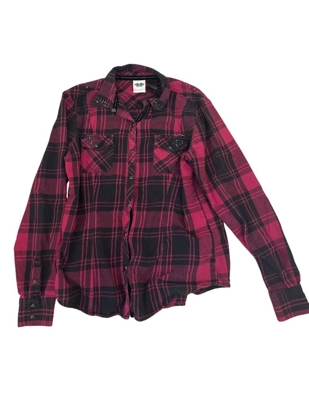 Harley-Davidson Womens  Plaid Flannel Shirt L Rhinestones Embroidered Logo